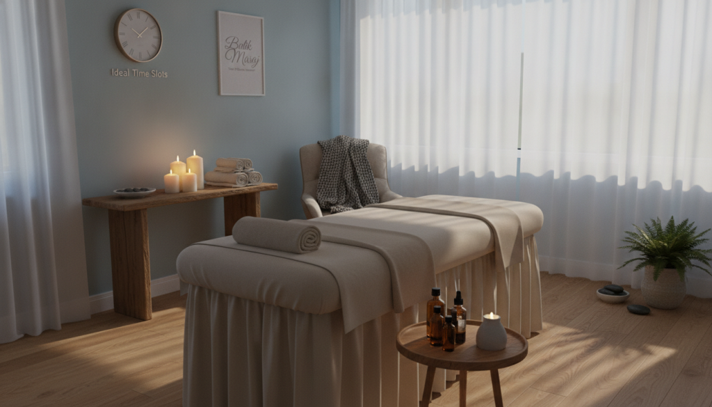 A serene and inviting massage therapy room with ambient lighting and soothing decor, emphasizing the idea of ideal time slots for relaxation. In the foreground, a comfortable massage table draped in soft, neutral linens, and neatly arranged essential oils on a wooden side table. The middle ground features calming elements like aromatic candles and a plush chair with a cozy blanket, inviting clients to unwind. The background includes soft, diffused natural light filtering through sheer curtains, adding warmth to the scene. The atmosphere is tranquil and serene, suggesting a perfect time for a rejuvenating experience. Branding for "Butik Masaj" is subtly integrated into the decor, enhancing the peaceful vibe without being intrusive. The overall image conveys relaxation and optimal timing for a massage appointment.