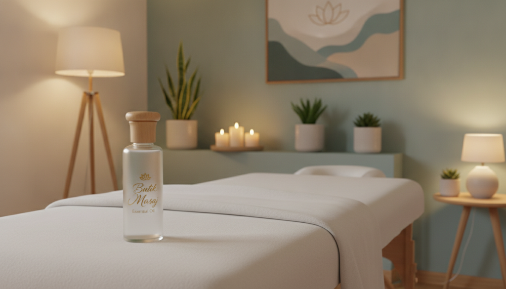 A serene and inviting massage therapy setting featuring an elegant glass bottle of "Butik Masaj" essential oil prominently in the foreground. The bottle, with a sleek design, stands on a wooden massage table adorned with soft white linens. In the middle ground, a cozy room decorated with calming colors, subtle plants, and mood-enhancing candles creates a tranquil atmosphere. Soft, warm lighting gently illuminates the space from strategically placed lamps, enhancing the inviting feel. In the background, a simple, tasteful wall art piece reflects relaxation and wellness themes. The overall mood is peaceful and soothing, evoking a sense of calm and professionalism suitable for a massage session.