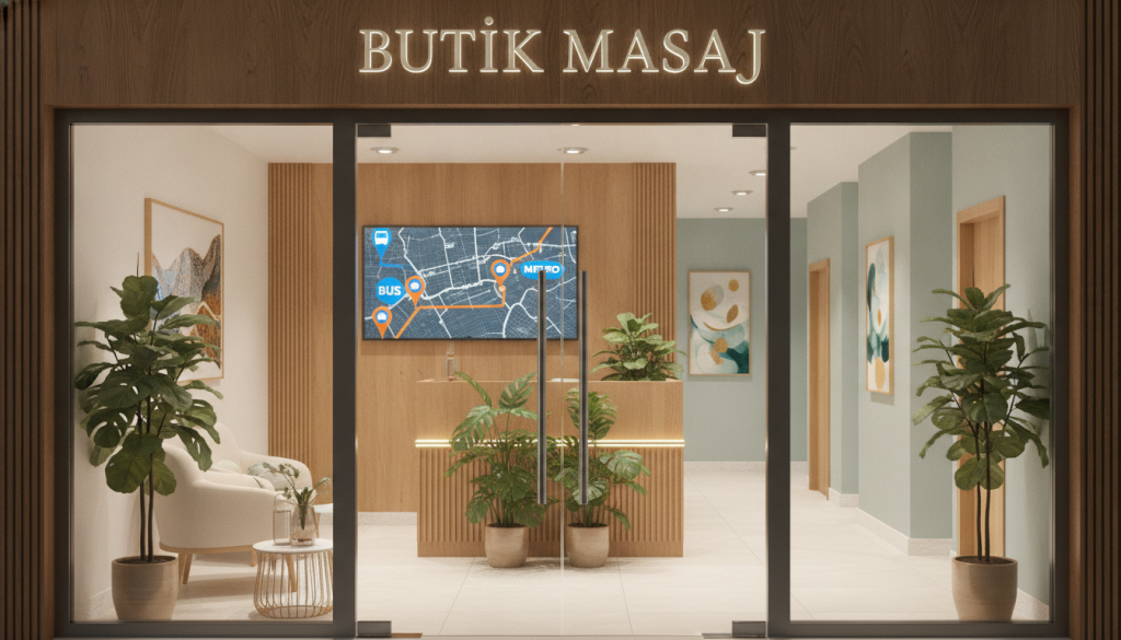 A serene and inviting modern massage salon titled "Butik Masaj" prominently displayed in the foreground. The entrance features sleek glass doors with a welcoming ambiance. Bright, natural lighting spills in, illuminating a cozy reception area with warm-toned wooden accents and lush indoor plants. In the middle ground, a digital map interface is showcased on a large touchscreen monitor, highlighting surrounding transport options like bus and metro stations. The background depicts a calming and professional atmosphere, with soft, relaxing colors and abstract art on the walls. The mood is tranquil and inviting, ideal for relaxation and rejuvenation. The scene is captured from a slightly elevated angle, focusing on the salon's inviting exterior and modern amenities. No people are present, ensuring a peaceful environment.