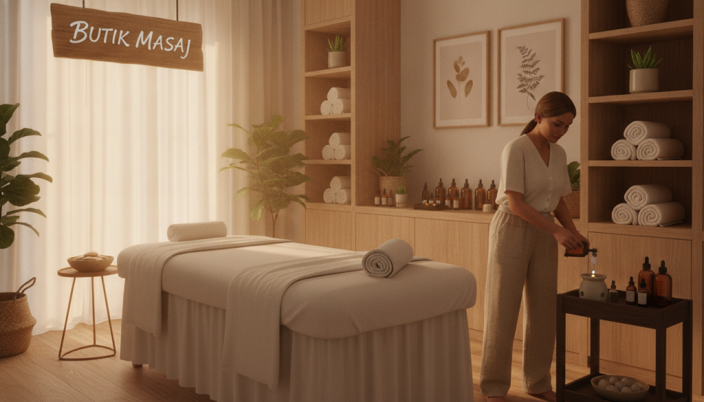 A serene and inviting scene focused on a tranquil massage therapy room branded with "Butik Masaj". In the foreground, a plush massage table with crisp, clean sheets is set for a session, surrounded by gentle lighting that creates a warm atmosphere. A skilled massage therapist, dressed in smart casual attire, prepares soothing oils on a nearby table. In the middle ground, shelves display neatly arranged towels and calming aromatherapy products, adding to the sense of professionalism. The background showcases soft, ambient decor, such as wall art depicting nature and calming plants. The overall mood is peaceful and relaxing, ideal for a wellness retreat. Use soft, diffused lighting to enhance the calming vibe, captured from a slightly elevated angle to encompass the entire room.