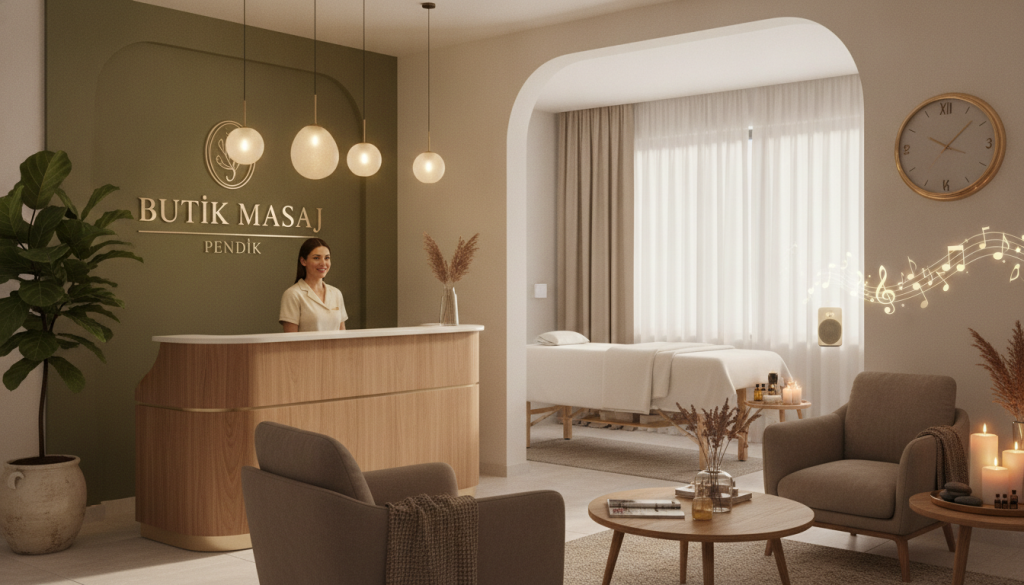 A serene and inviting scene of "Butik Masaj," a massage salon in Pendik. In the foreground, a welcoming reception area with a stylish counter and comfortable seating. Soft, warm lighting creates a cozy atmosphere, with a calming color palette of earthy tones. In the middle, a massage room is partially visible, featuring a neatly made massage table, aromatic candles, and tranquil decor. The background showcases a window with sheer curtains, allowing soft daylight to filter through, illuminating the space. An elegant clock on the wall emphasizes the importance of appointment timing. Include subtle details like a relaxing indoor plant and soft music notes to enhance the ambiance. The overall mood should be peaceful and professional, portraying the salon as a place for relaxation and care.