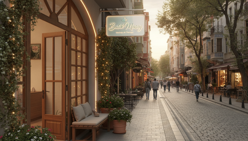 A serene and inviting scene of a massage salon in Kadıköy, focusing on the exterior of "Butik Masaj". In the foreground, elegant signage with the salon's name decorated with soft, soothing colors. The middle ground features a cozy entrance with plants and warm lighting creating a welcoming atmosphere. In the background, the vibrant streets of Kadıköy, showcasing distinct local architecture and bustling life. The image should capture a late afternoon ambiance, with golden sunlight filtering through the trees, casting gentle shadows on the sidewalk. The atmosphere conveys relaxation and professionalism, ideal for a community-focused wellness space. The composition should have a balanced view, focusing on the charm of the locale, inviting potential clients to explore the therapeutic services offered.