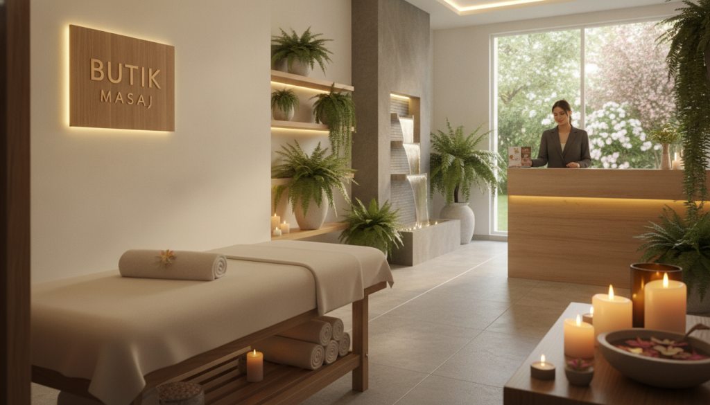 A serene and inviting spa center scene featuring the brand name "Butik Masaj". In the foreground, a tranquil massage room with a comfortable massage table, aromatic candles flickering softly, and plush towels neatly arranged. The middle layer showcases a well-decorated reception area with calming greenery, a soothing water feature, and gentle lighting creating a warm atmosphere. In the background, large windows reveal a peaceful garden view, allowing natural light to fill the space. The lighting is soft and diffused, enhancing the relaxing mood. The image captures a sense of luxury and tranquility, ideal for illustrating extra services offered in massage salons. Professional business attire is worn by a friendly receptionist, enhancing the inviting ambiance without any distractions.