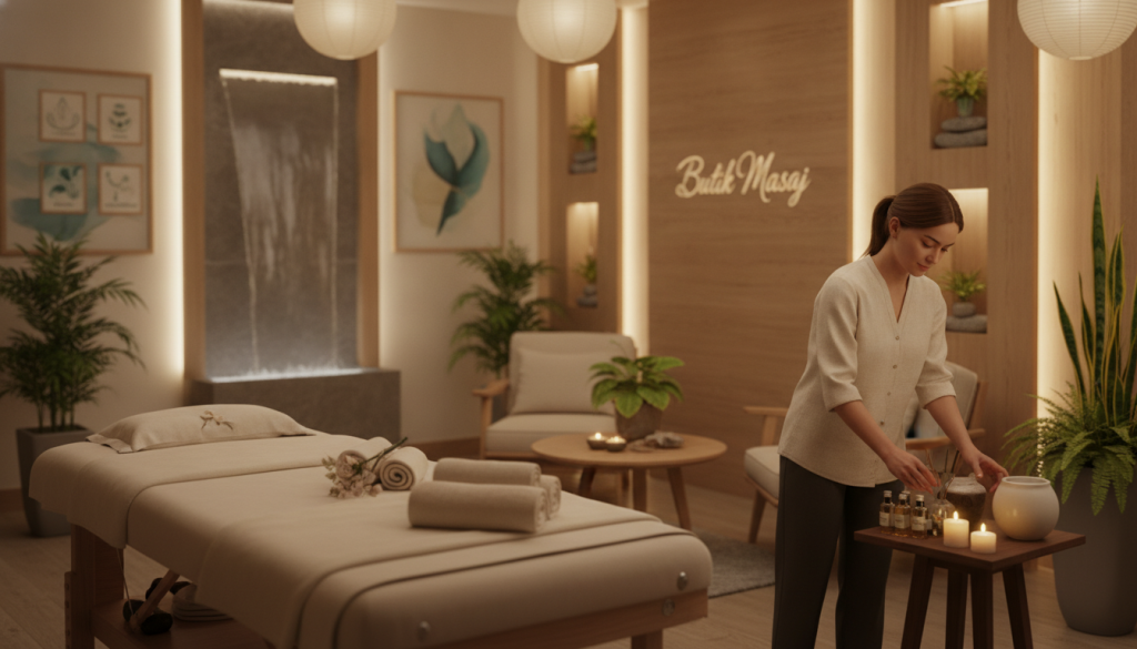 A serene and inviting spa environment showcasing various professional massage types. In the foreground, a well-equipped massage table adorned with soft, luxurious linens. A skilled therapist, dressed in modest casual attire, prepares essential oils and aromatherapy candles, exuding calmness. The middle ground features a cozy treatment area with warm wooden accents, soft lighting that creates a tranquil atmosphere, and decorative plants that enhance relaxation. In the background, the soothing presence of gentle water features and calming artwork can be seen. The overall mood is peaceful and rejuvenating, emphasizing the benefits of different massage therapies like Swedish, deep tissue, and aromatherapy. Include the brand name "Butik Masaj" subtly in the décor. Capture this scene with a soft focus lens to enhance the relaxing vibe.