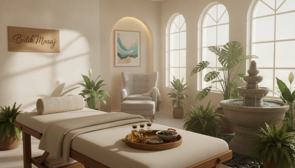 A serene and inviting spa treatment room, designed for a "rahatlama masajı" experience. In the foreground, a neatly arranged massage table adorned with soft, plush towels, and delicate essential oil bottles. In the middle, a soothing water fountain gently trickles, surrounded by lush green plants that enhance the atmosphere. Diffused natural light streams in through large windows, creating a tranquil ambiance, with gentle shadows playing on the walls. In the background, a softly lit area displays calming artwork and a cozy seating space. The branding "Butik Masaj" is subtly featured on a tasteful sign on the wall. The overall mood exudes relaxation and comfort, inviting viewers to envision a peaceful escape.