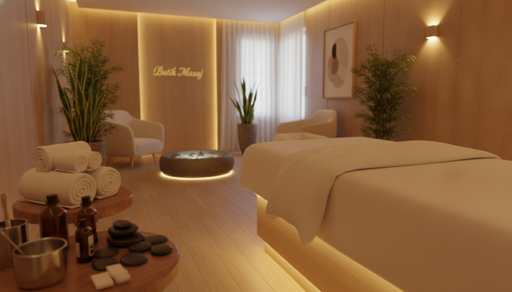 A serene and inviting spa treatment room, featuring a clean massage table adorned with fresh, white linens, surrounded by soft, ambient lighting. In the foreground, neatly arranged towels, essential oils, and spa tools emphasize the importance of hygiene standards. The middle ground includes a tranquil water feature with smooth stones and potted plants, creating a calming atmosphere. The background showcases a softly lit room with natural wood accents and elegant decor, evoking a sense of luxury and comfort. A discreet logo of "Butik Masaj" is subtly integrated into the decor. The overall mood is peaceful and reassuring, highlighting the significance of cleanliness and hygiene in spa services.