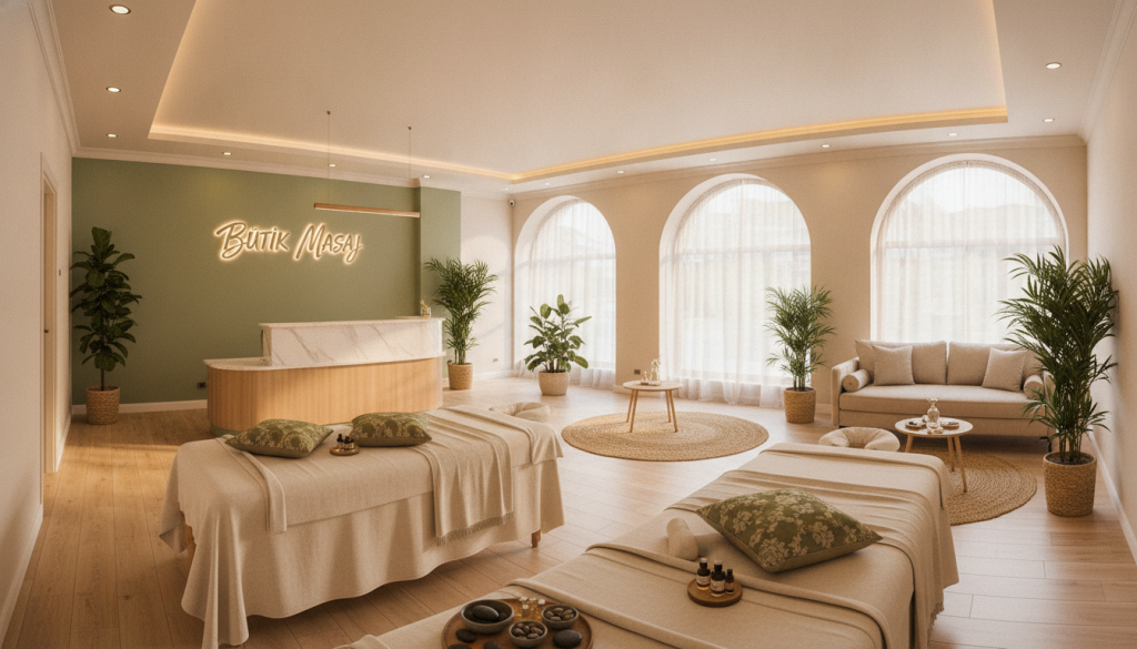 A serene and inviting view of "Butik Masaj" salon located in Aksaray, featuring a modern yet cozy interior. In the foreground, elegantly arranged massage tables with soft, calming linens and decorative cushions. The middle section includes a warm reception area with soothing colors like soft beige and green, accentuated by potted plants. In the background, large windows letting in gentle, natural sunlight, creating a tranquil atmosphere. Utilize soft lighting to enhance the calming feel of the space, and position the angle to showcase the harmony between the decor and the relaxing vibe. The image should be visually appealing, reflecting an atmosphere of relaxation and professionalism, suitable for those seeking a massage experience.