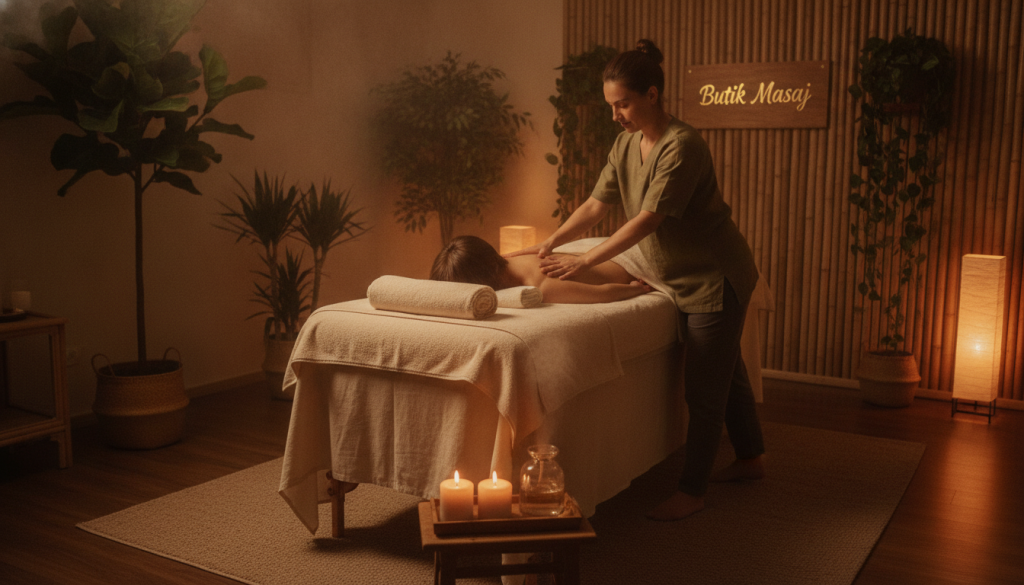 A serene and tranquil massage therapy room featuring various popular massage techniques. In the foreground, a comfortable massage table with plush linen and soothing aromatherapy candles. In the middle, a professional therapist in modest casual attire demonstrates a relaxing technique such as Swedish massage, utilizing smooth, flowing movements. The background should include soft bamboo decor, lush indoor plants, and dim lighting to enhance the peaceful atmosphere. The overall mood is calming and inviting, ideal for relaxation and rejuvenation. Include the brand name "Butik Masaj" subtly displayed on a stylish wall sign, ensuring it blends harmoniously with the setting. The image should have a warm color palette, emphasizing relaxation and tranquility.
