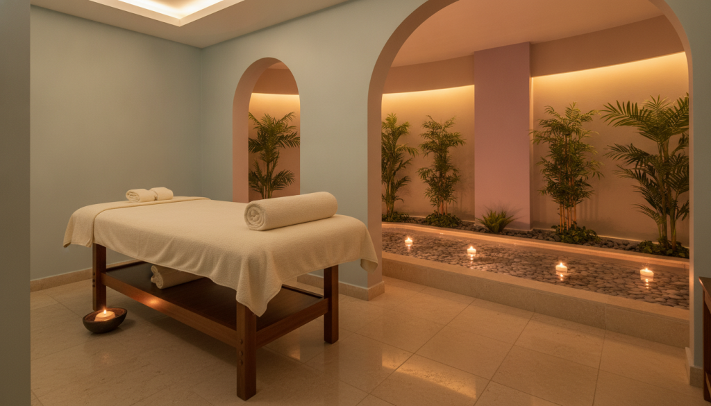 A serene and tranquil spa center in Beylikdüzü, showcasing the elegant design of Butik Masaj. In the foreground, a cozy massage room featuring a comfortable massage table with soft, fluffy towels neatly arranged. The middle ground reveals a calming water feature with gentle lighting, enhancing the atmosphere of relaxation. The background is adorned with soothing colors, lush indoor plants, and soft ambient lighting, enhancing the peaceful ambiance. The scene is filled with a warm, inviting glow, creating an atmosphere of restfulness perfect for a day of pampering. The composition is photographed from a slight angle to capture the spa's luxurious feel, with an emphasis on cleanliness and tranquility.