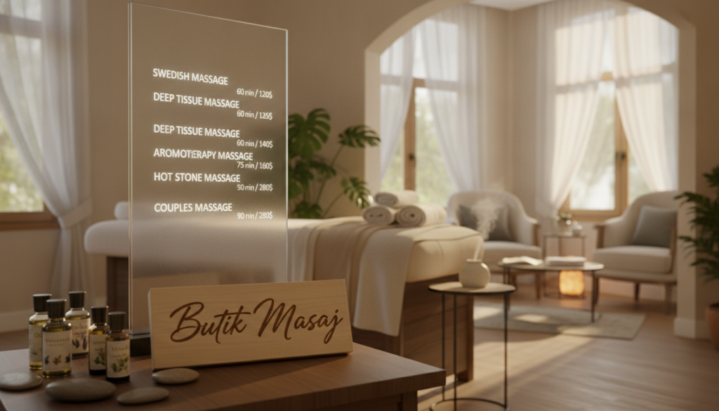A serene, elegant spa setting showcasing massage prices in a sleek, modern format. In the foreground, display a wooden sign elegantly inscribed with "Butik Masaj" in stylish typography, surrounded by soft, calming essential oils and polished stones. The middle ground should have a tastefully arranged reception area featuring a massage table, plush towels, and calming greenery. In the background, hint at a luxurious, softly lit waiting room with comfortable seating and ambient light filtering through sheer curtains. The atmosphere is tranquil and inviting, evoking relaxation and peace. Utilize warm, natural lighting to enhance the inviting mood, while maintaining a professional and upscale appearance. The image should be devoid of any text or logos beyond "Butik Masaj".