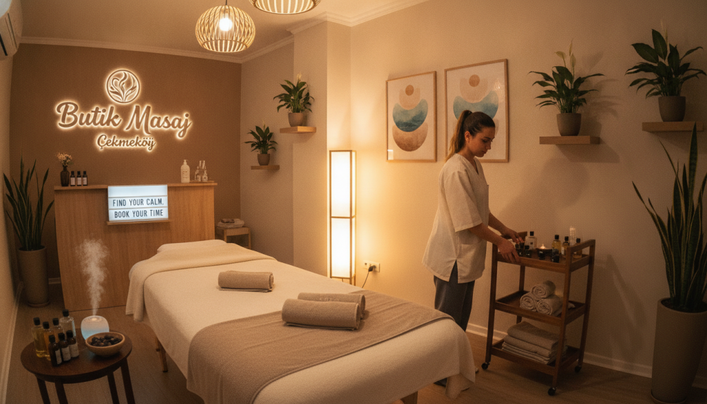 A serene interior of a massage salon named "Butik Masaj" in Çekmeköy, featuring a calming atmosphere. In the foreground, a comfortable massage table adorned with soft, neutral-colored linens and soothing essential oils. The middle of the image showcases a professional massage therapist in modest clothing, preparing the room, creating a welcoming scene. Soft, warm lighting from stylish lamps enhances the tranquil vibe. In the background, subtle decorations like plants and calming artwork add to the relaxation theme. The overall mood is inviting and peaceful, emphasizing the importance of finding suitable hours for a massage experience, suggesting a sense of calm and care. The scene is captured using a wide-angle lens to encompass the entire space, focusing on warmth and comfort.