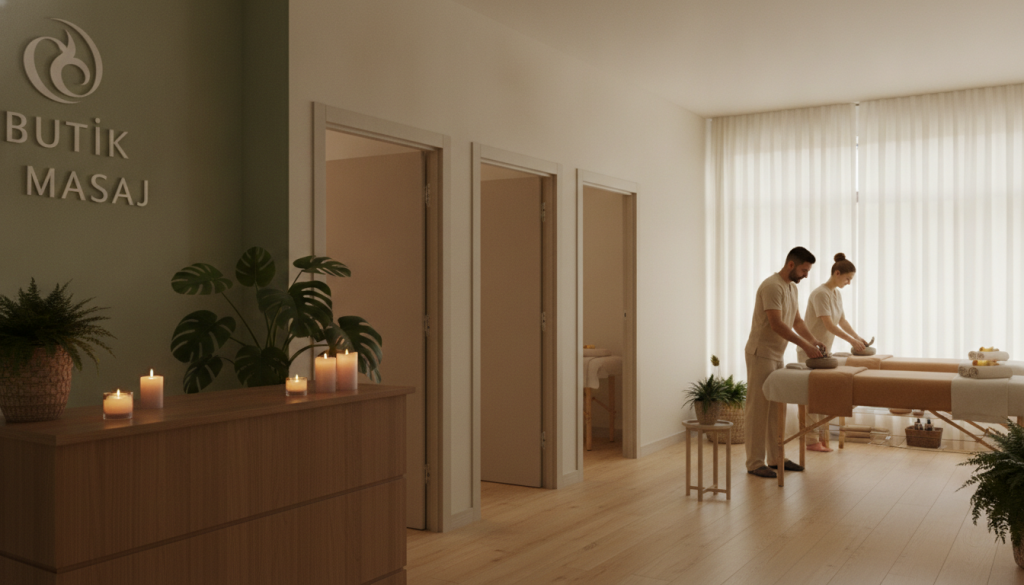 A serene interior of a massage salon named "Butik Masaj" in Kartal, featuring soft, ambient lighting that creates a calm atmosphere. In the foreground, a well-organized reception area with a wooden counter, aromatic candles, and lush indoor plants. The middle ground showcases treatment rooms, each equipped with massage tables draped in warm, inviting linens. Professional therapists, dressed in modest casual attire, are preparing for sessions, exuding a sense of tranquility and professionalism. In the background, large windows allow natural light to filter through sheer curtains, enhancing the peaceful vibe. The overall mood is relaxing and welcoming, perfect for promoting wellness and relaxation. The image captures the essence of popular massage salons in Kartal.