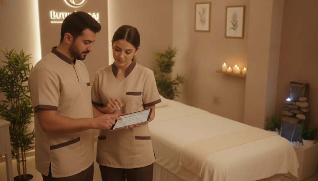A serene interior of a massage salon named "Butik Masaj" in Maltepe. In the foreground, a professional male and female therapist, dressed in modest casual clothing, engage in discussing customer reviews on a tablet, showcasing their focus on client feedback. In the middle ground, a soft, calming massage room is visible with soothing beige tones, soft ambient lighting, and aromatherapy candles that create a tranquil atmosphere. The background features tasteful decor, including potted plants and a serene water feature, enhancing the relaxing mood. The scene is captured with a warm light filter, using a slightly overhead angle to highlight both the therapists and the inviting interior. The overall atmosphere conveys professionalism and a commitment to customer satisfaction.