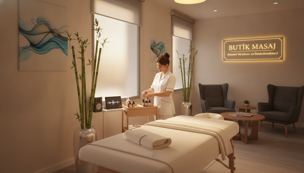A serene interior of a professional massage salon named "Butik Masaj" in Avcılar, showcasing a calming atmosphere. In the foreground, a cozy treatment room with a comfortable massage table, soft towels, and subtle, elegant decor such as bamboo plants and soothing artwork on the walls. In the middle, a well-dressed therapist, wearing a clean white uniform, preparing essential oils and relaxing music in the background. The lighting is soft and warm, creating an inviting ambiance. In the background, a peaceful waiting area with plush seating and gentle lighting, conveying tranquility. The overall mood is calm and professional, perfect for illustrating the importance of customer reviews and evaluations in choosing a massage salon.