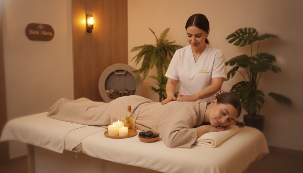 A serene massage room at "Butik Masaj" in Aksaray, showcasing a skilled therapist gently applying oil on a client who is relaxed and dressed in comfortable, modest clothing. In the foreground, a tasteful massage table adorned with soft, neutral-colored linens and aromatic candles. The middle ground features warm lighting, enhancing the tranquil atmosphere, with wooden details and a calming water feature. The background includes lush indoor plants that add a touch of nature and serenity. The overall mood should evoke relaxation, professionalism, and a welcoming environment, captured with a soft focus lens effect to enhance the peaceful ambiance.