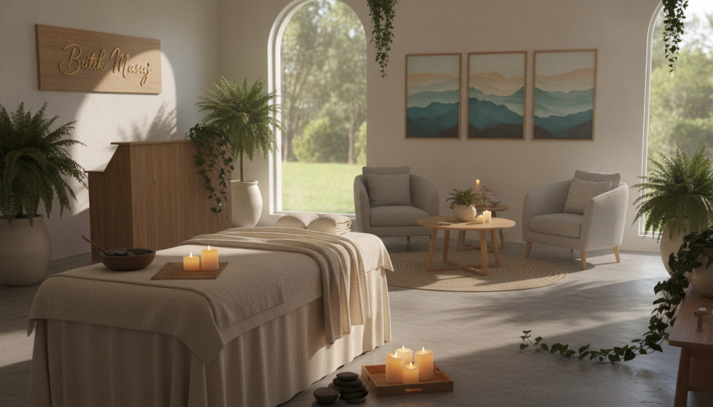 A serene massage salon interior titled "Butik Masaj" showcasing a tranquil atmosphere. In the foreground, a well-arranged massage table adorned with a soft, inviting linen, surrounded by flickering scented candles. The middle layer features a peaceful waiting area with comfortable seating, artwork depicting calming landscapes, and green plants creating a soothing environment. The background displays large windows allowing natural light to flood in, casting gentle shadows and highlighting the salon's elegant decor. The mood is relaxing and serene, perfect for unwinding after a busy day. The lighting is soft and warm, ensuring a welcoming ambiance. Use a slightly elevated angle to capture the entire space, emphasizing the harmony and professionalism of the salon.