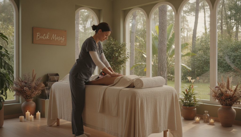 A serene massage therapy room at "Butik Masaj," featuring a tranquil ambiance. In the foreground, a comfortable massage table draped in soft, neutral linens, surrounded by candles emitting a warm glow. In the middle ground, a skilled massage therapist in professional attire, focused and attentive, gently working on a client lying face down. The client, dressed in modest casual clothing, appears relaxed and serene. In the background, large windows allow natural light to pour in, revealing lush greenery outside, enhancing the peaceful atmosphere. Soft, earthy colors dominate the room, creating a soothing environment perfect for relaxation and rejuvenation. The angle is slightly elevated, capturing both the therapist's gentle touch and the inviting decor, emphasizing the calming essence of the massage experience.