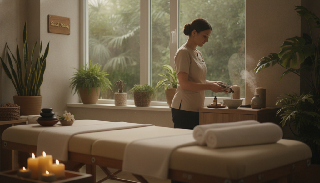 A serene massage therapy setting at "Butik Masaj" in Kurtköy. In the foreground, a softly lit massage room features a beautifully arranged massage table adorned with plush, white linens and aromatic candles emitting a gentle glow. The middle ground showcases a skilled therapist, dressed in professional attire, preparing oils, exuding a sense of dedicated professionalism. The background reveals large windows allowing soft natural light to stream in, surrounded by lush green plants that create a calming atmosphere. Soft, warm color tones enhance the relaxation vibe of the space. The scene is intimate and peaceful, with an emphasis on trust and comfort, making it ideal for those seeking reliable massage services.