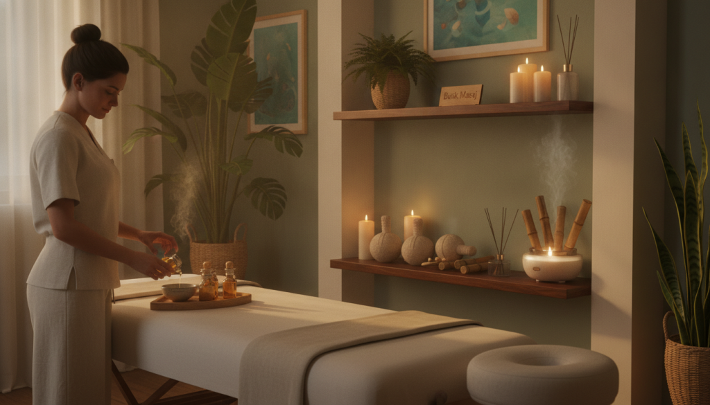 A serene massage therapy setting, showcasing a tranquil spa room with soft lighting and soothing colors. In the foreground, a professional massage therapist in modest casual clothing prepares essential oils and a massage table adorned with clean linens. In the middle, various massage tools and scented candles are elegantly arranged, reflecting a welcoming ambiance. The background features lush plants and calming artwork, enhancing the relaxed atmosphere. The overall scene conveys a sense of peace and relaxation, perfectly capturing the essence of “masaj terapisi.” The brand logo "Butik Masaj" subtly visible on a shelf, adds an element of authenticity. The image should be warm and inviting, with a focus on tranquility and well-being, shot from a slight angle to create depth.