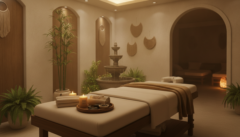 A serene spa environment inspired by "Butik Masaj" in Başakşehir. In the foreground, a well-organized massage table adorned with soft, neutral-colored linens, surrounded by tranquil elements like rolled towels and aromatic candles. The middle ground features a soothing water fountain, plants, and dim lighting to create a calming atmosphere. The background includes lightly decorated walls with soft textures, evoking a sense of relaxation. The scene is bathed in warm, soft lighting to enhance tranquility, shot from a slightly elevated angle to capture the overall ambiance. The mood is peaceful and inviting, reflecting an ideal setting for pre- and post-massage care.
