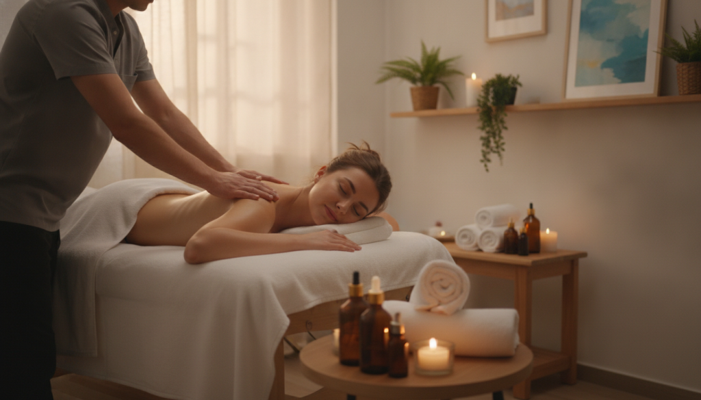 A serene spa environment showcasing a "rahatlama masajı" scene at Butik Masaj. In the foreground, a professional massage therapist dressed in modest, professional attire is gently applying soothing techniques to a client, who is comfortably positioned on a massage table with a tranquil expression. The middle ground features calming elements like soft towels, essential oils, and ambient candles, enhancing the relaxing atmosphere. In the background, a softly lit, tranquil room is adorned with natural elements such as indoor plants and calming artwork, contributing to a peaceful ambiance. Warm, diffused lighting creates a soothing glow throughout the space, inviting a sense of tranquility and well-being. The image captures the essence of relaxation and the therapeutic benefits of massage.