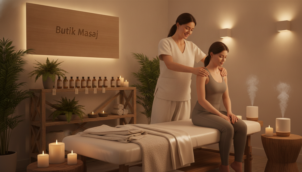 A serene spa environment showcasing relaxing massage techniques. In the foreground, a massage table adorned with soft, elegant linens, surrounded by calming candles and essential oil diffusers. A professional massage therapist, dressed in modest casual clothing, demonstrates a soothing back massage on a fully dressed client, illustrating effective techniques for relaxation and stress relief. The middle ground features shelves with neatly arranged aromatherapy oils and leaf plants for a tranquil ambiance. In the background, gentle soft lighting creates a warm and inviting atmosphere, enhancing the sense of peace. The spa is branded with the name "Butik Masaj" subtly integrated into the decor. The overall mood is tranquil and harmonious, perfect for illustrating client needs in selecting a massage salon.