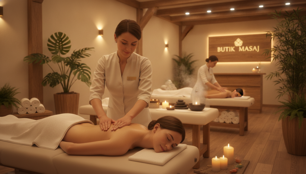 A serene spa environment showcasing various soothing massage techniques in practice. In the foreground, a skilled therapist, dressed in professional business attire, is gently applying a calming massage technique on a client's back, highlighting relaxation and tension relief. The middle ground features additional massage setups with soothing aromatherapy candles and soft towels, emphasizing a peaceful atmosphere. In the background, soft, warm lighting casts a tranquil glow, creating an inviting and calm ambiance. The space is adorned with lush plants and natural wood elements, enhancing the feeling of relaxation. The brand name "Butik Masaj" is subtly incorporated into the design of the spa room, aligning with the overall serene aesthetic of the image.