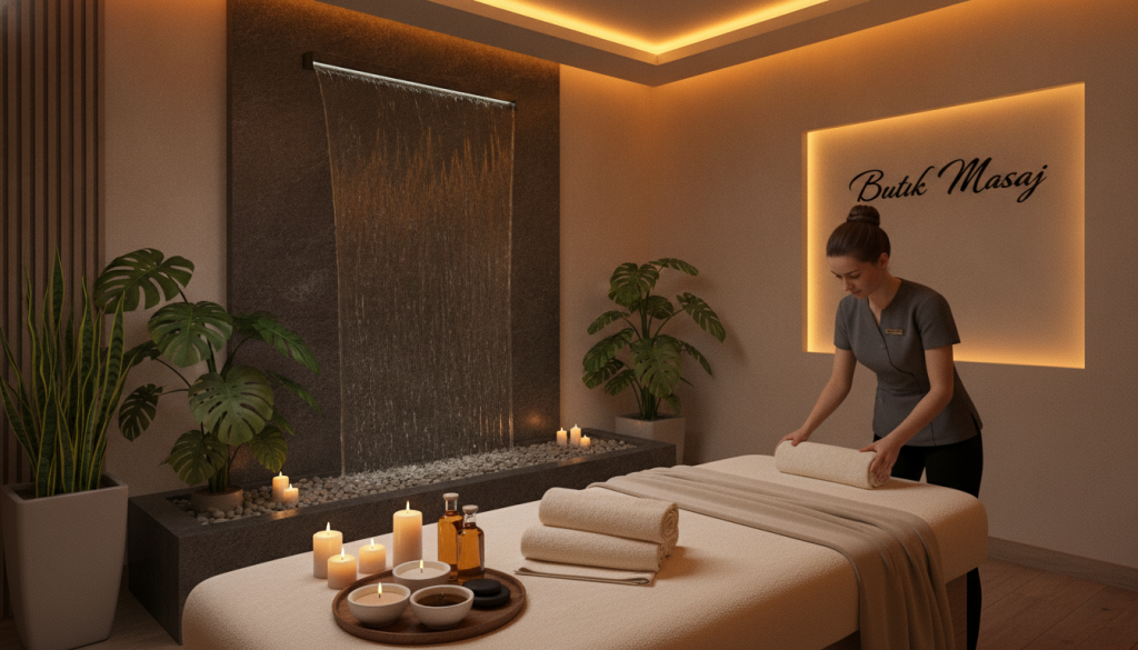 A serene spa setting showcasing "Butik Masaj," featuring a stylish massage room. In the foreground, a neatly made massage table with plush linens, aromatic candles, and a bowl of soothing oils. The middle ground displays a calming water feature and decorative plants, creating a tranquil atmosphere. The background has soft ambient lighting, with warm tones illuminating the space, inviting relaxation and comfort. A professional massage therapist in modest, professional attire is preparing the area. The mood is peaceful and revitalizing, ideal for a wellness experience, emphasizing relaxation and customer satisfaction in a contemporary salon environment.