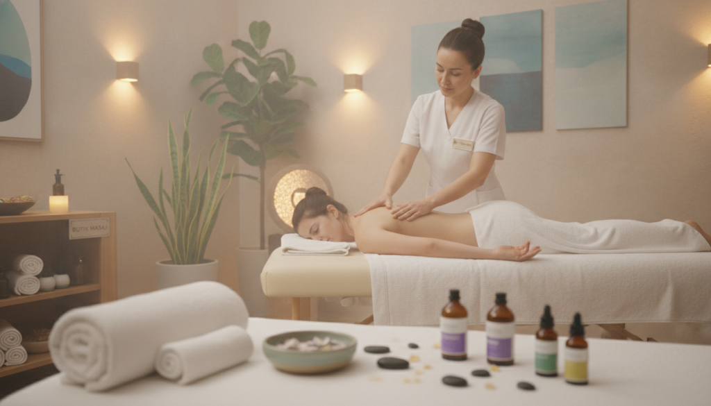 A serene spa setting showcasing different types of massage therapies. In the foreground, a soothing massage table is adorned with soft, fluffy towels and calming essential oils, exuding tranquility. In the middle ground, a professional massage therapist, dressed in modest, professional attire, demonstrates a therapeutic massage technique on a fully clothed client, highlighting techniques like Swedish and deep tissue massage. The background features gentle ambient lighting that creates a warm, inviting atmosphere, with plants and tranquil art on the walls that enhance relaxation. The brand name "Butik Masaj" subtly integrated into the decor emphasizes a professional touch. Capture this scene using a soft-focus lens, emphasizing warmth and peacefulness, with soft, natural light that reflects a calm and inviting mood.