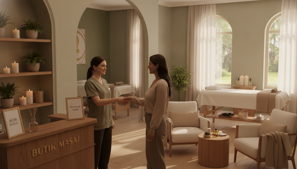 A serene, upscale massage salon named "Butik Masaj," showcasing an inviting reception area with soft, warm lighting. In the foreground, a professional therapist in modest, professional attire greets a client with a friendly smile. The middle ground features a beautifully arranged massage room, highlighting natural materials like wood and calming colors. Plush massage tables with crisp linens are set against a backdrop of soothing plants and candles. The background should include large windows allowing natural light to filter in, creating a tranquil atmosphere. Emphasize health and safety elements, such as sanitized tools and cozy seating, conveying a reassuring and inviting mood suitable for relaxation and wellness.