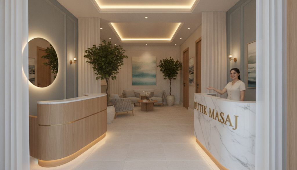 A sleek, modern massage salon interior showcasing elegant decor and calming colors. In the foreground, a beautifully arranged reception desk with the brand name "Butik Masaj" prominently displayed in stylish lettering. Soft lighting casts a warm glow, creating a welcoming atmosphere. In the middle, a cozy waiting area with tasteful furnishings, including plush chairs and potted plants, inviting relaxation. The background features serene treatment rooms with closed doors, symbolizing privacy, decorated with soft fabrics and soothing artwork. The overall mood is tranquil and professional, ideal for a spa-like experience, emphasizing a high-quality service environment. The angle captures the depth of the space, enhancing the sense of comfort and luxury.