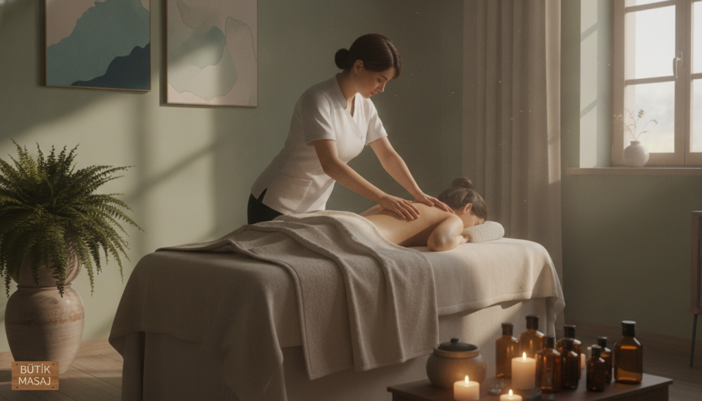 A tranquil massage room at "Butik Masaj," featuring a serene atmosphere with soft, ambient lighting. The foreground showcases a plush massage table draped in luxurious linens, surrounded by soothing elements like candles and essential oils. In the middle ground, a skilled massage therapist, dressed in professional attire, is gently attending to a client, emphasizing a calming environment. The background includes tasteful decor such as potted plants and artful wall decorations, enhancing the peaceful vibe. Natural light streams through a window, creating a warm and inviting ambiance. The overall mood is relaxing and rejuvenating, aiming to convey the essence of relaxation and wellness associated with massage therapy.