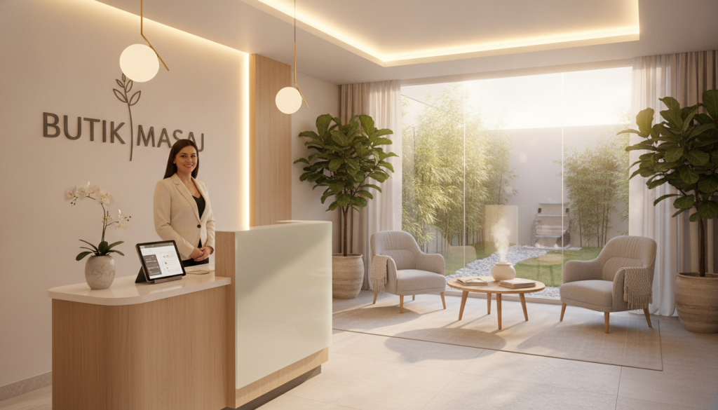 A tranquil scene depicting the entrance of "Butik Masaj", a modern massage salon. In the foreground, a welcoming receptionist stands behind a stylish front desk, dressed in professional attire, ready to assist clients. The middle ground features comfortable seating with calming decor, including soft lighting and lush indoor plants to create a serene atmosphere. In the background, large windows reveal a glimpse of a peaceful outdoor garden, enhancing the sense of relaxation. The warm, ambient lighting casts a soft glow, inviting patrons to unwind. The overall mood is serene and inviting, emphasizing a professional yet cozy environment perfect for booking appointments at a nearby massage salon.