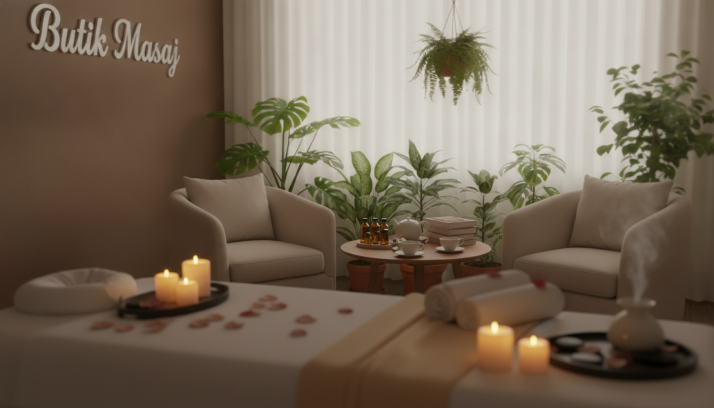 A tranquil spa environment in Avcılar, featuring Butik Masaj. The foreground showcases a serene treatment room with a massage table adorned with soft, clean linens, and calming candles casting a warm, gentle light. In the middle ground, a comfortable seating area with plush cushions and a small wooden table holding aromatic oils and herbal tea. The background depicts a softly lit window with sheer curtains, filtering in natural light, surrounded by lush indoor plants that enhance the soothing atmosphere. The image should evoke a sense of relaxation and peacefulness, capturing the essence of alternative health services offered in Avcılar. Aim for a soft focus, with a warm color palette to enhance the inviting feel.