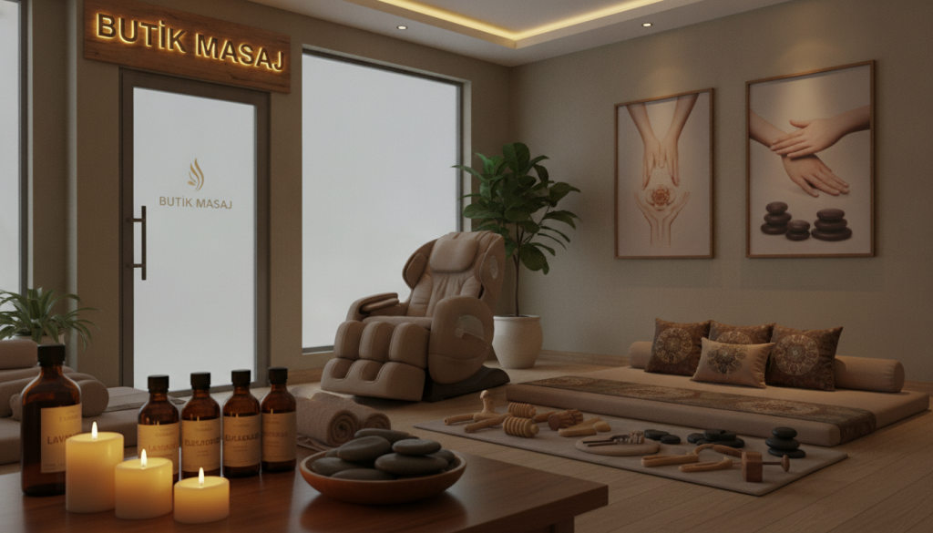 A tranquil spa room with a variety of massage types on display, highlighting relaxation techniques. In the foreground, a well-organized table features serene elements like essential oils, scented candles, and smooth stones, emphasizing a calming atmosphere. In the middle, different massage tools such as a relaxing massage chair and traditional massage pillows are thoughtfully arranged. In the background, soft lighting enhances the peaceful ambiance, while elegant décor, including plants and wall art depicting massage types, creates a harmonious setting. Capture the essence of professional relaxation at "Butik Masaj," with warm, inviting tones and a focus on wellness. Aim for a cozy, zen-like atmosphere that reflects the benefits of diverse massage therapies.