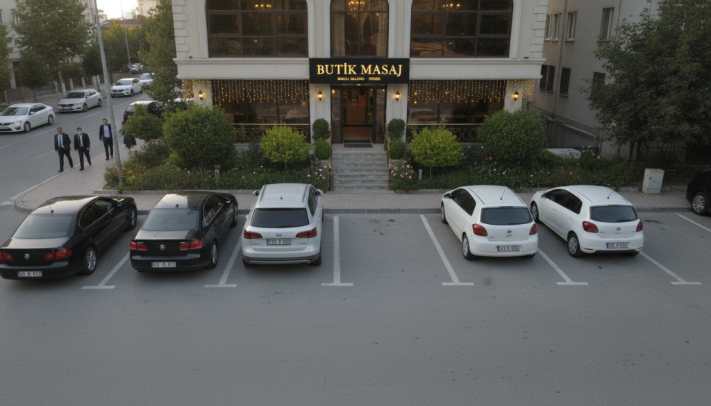 A welcoming exterior view of "Butik Masaj," a stylish massage salon located in Pendik. In the foreground, a well-maintained parking lot with marked spaces, showcasing various parked cars, neatly organized and easily accessible. The middle ground features the charming facade of the salon, adorned with warm, inviting lights that suggest relaxation and comfort. Soft green landscaping flanks the entrance, enhancing the serene environment. In the background, a calm street scene with gentle traffic flow and a few pedestrians strolling by in professional attire. The sun casts a warm glow, creating a relaxing atmosphere, captured with a slightly elevated angle to provide a comprehensive view of parking options. The image embodies calmness and professionalism, ideal for showcasing the parking options section.