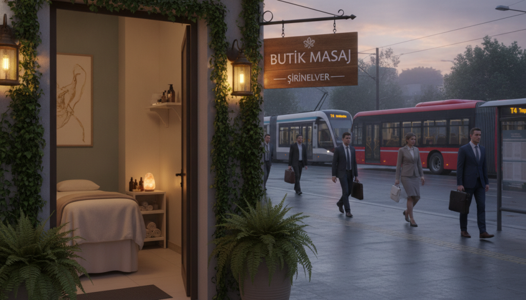 An inviting scene capturing the essence of "Butik Masaj," located in the Şirinevler area. In the foreground, a stylish massage parlor entrance adorned with lush greenery and warm, ambient lighting to create a welcoming atmosphere. The middle ground features a glimpse of the parlor's interior, showcasing a serene massage room with soft textures, calming colors, and professional massage equipment. In the background, a busy street scene illustrates public transportation options, such as buses and trams, with commuters in professional attire waiting at a nearby bus stop. The lighting should be soft, suggesting either early morning or late afternoon, evoking a tranquil yet bustling city vibe. Captured from a slightly elevated angle to highlight the intersection of relaxation and accessibility.