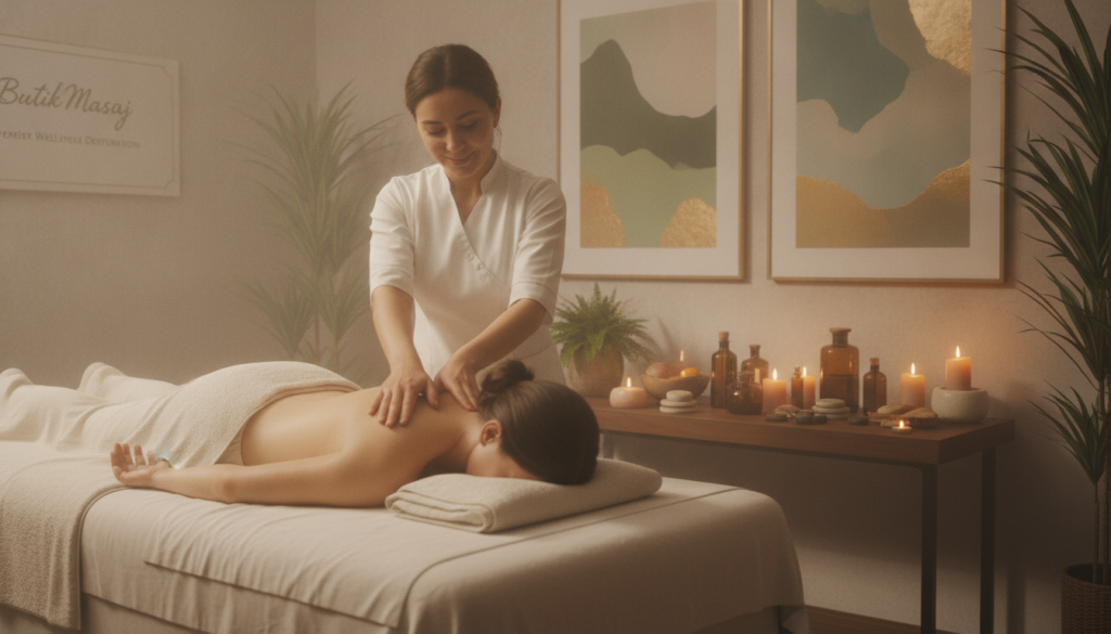 Create an inviting and peaceful spa setting showcasing various massage techniques. In the foreground, depict a skilled massage therapist in professional attire demonstrating a gentle massage technique on a fully clothed client lying on a plush massage table, with soft linens and towels. In the middle ground, include essential oils, aromatic candles, and massage tools on a sleek side table, creating a serene atmosphere. In the background, softly lit walls adorned with calming artwork and plants enhance the tranquility. Use warm, diffused lighting to evoke relaxation and comfort. Capture the essence of indulgence and serenity, reflecting the theme of “Butik Masaj” as a premier wellness destination. The overall mood should be calming and restorative, inviting viewers into the world of effective massage practices.