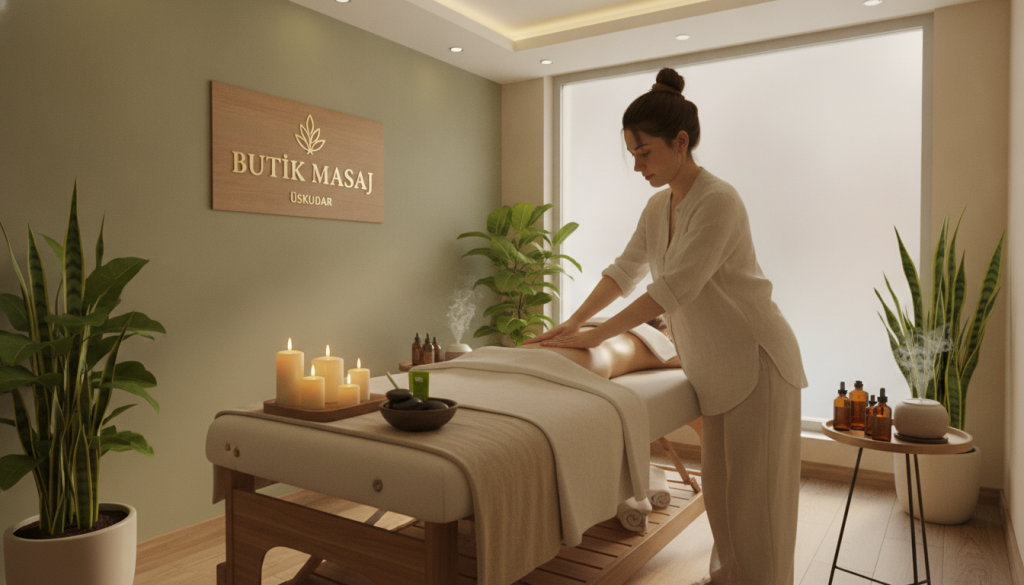 Create an inviting and serene image showcasing various types of massage therapies available at "Butik Masaj" in Üsküdar. In the foreground, depict a tranquil massage room with an elegantly made massage table equipped with fresh towels and soothing candles. In the middle ground, illustrate a professional massage therapist demonstrating different techniques, dressed in modest casual clothing, providing a demonstration of a Swedish massage and aromatherapy. The background should feature calming décor like soft lighting, natural elements such as plants, and a soothing color palette that conjures relaxation. Use warm, inviting lighting to enhance the peaceful atmosphere, capturing a sense of tranquility and professionalism. The angle should be slightly elevated, providing a comprehensive view of the space.