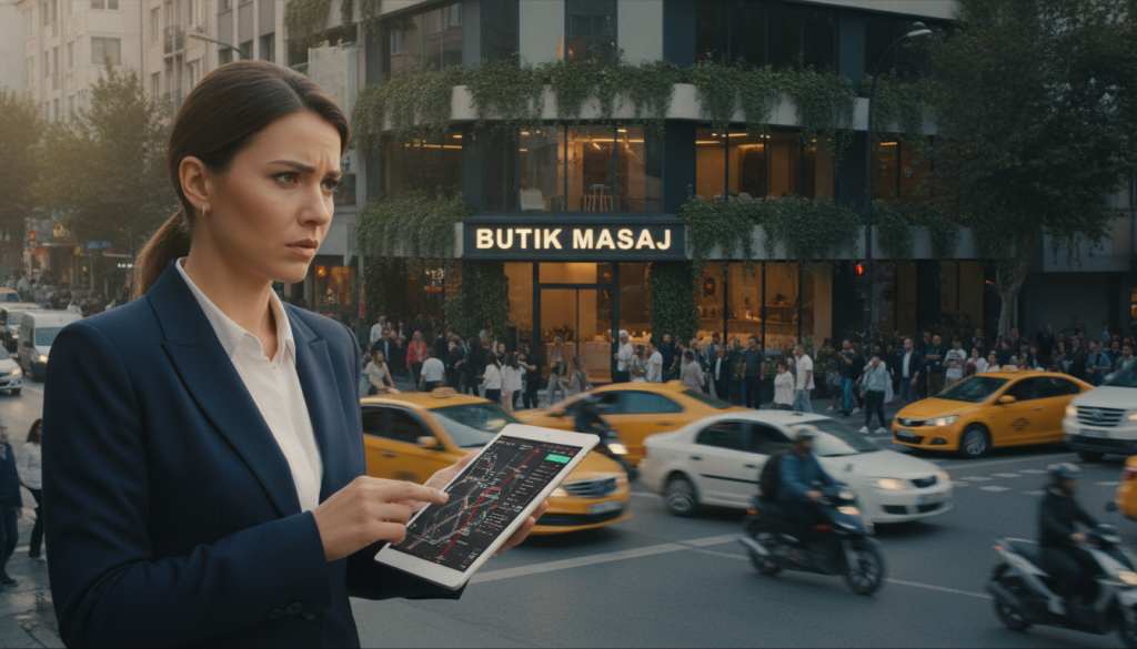 A busy street scene in Pendik with a focus on a modern massage therapy center named "Butik Masaj". In the foreground, an elegantly dressed professional consultant is analyzing traffic patterns on a tablet, looking concerned, symbolizing the importance of assessing traffic risks. The middle ground features a bustling traffic environment with cars and pedestrians, showcasing the dynamic urban atmosphere. In the background, the building of Butik Masaj is visible, inviting and well-lit, with greenery around it to create a calming effect amidst the hustle of city life. The lighting is soft yet clear, simulating late afternoon sunshine, while the angle captures the essence of urban planning and its impact on wellness services. The mood is thoughtful and engaging, emphasizing the harmony between relaxation and urban challenges.