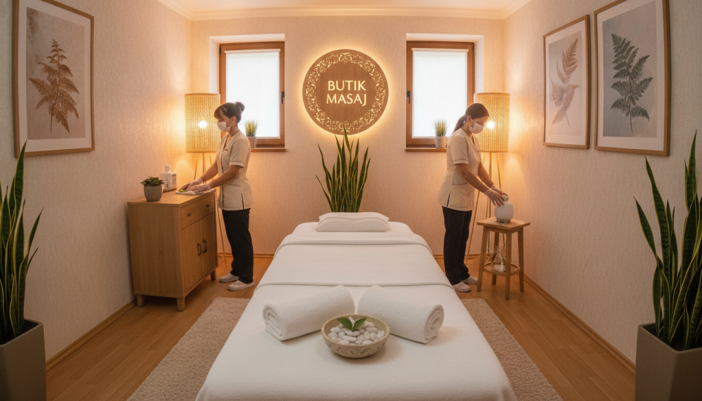 A clean and serene massage salon interior, focusing on hygiene standards. In the foreground, a neatly arranged massage table with fresh, white linens. In the middle ground, two professional therapists wearing modest, professional attire are preparing the space, ensuring everything is spotless. The background features soothing decor, such as soft lighting from elegant lamps, plants, and calming artwork on the walls. The atmosphere is tranquil and inviting, promoting a sense of relaxation and trust in cleanliness. Highlight the brand logo "Butik Masaj" subtly on a decorative wall. Use warm, soft lighting to enhance the calm mood, shot with a wide-angle lens to capture the entire salon layout. The image should feel welcoming and hygienic to reflect high standards.