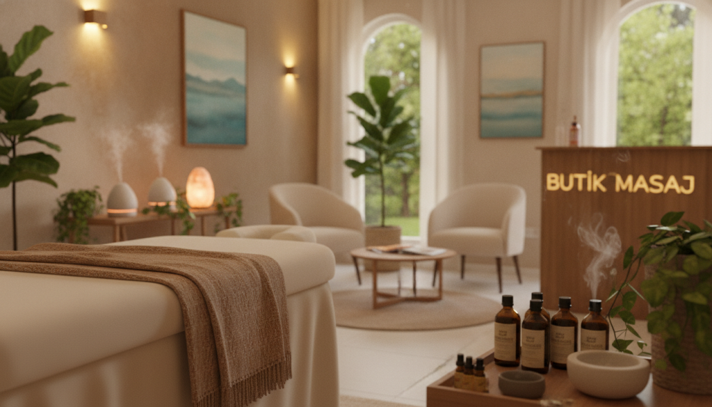 A cozy and inviting interior of a massage salon named "Butik Masaj" in Beykoz. The foreground features a beautifully arranged treatment room with a plush massage table, soft linens, and soothing essential oils displayed on a stylish shelf. In the middle area, a calming ambiance is created with warm lighting, complemented by subtle aroma diffusers, and natural decor elements like indoor plants. The background showcases a tranquil waiting area with comfortable seating, calming art pieces on the walls, and large windows allowing soft daylight to filter through. The overall mood is serene and welcoming, emphasizing relaxation and professionalism. Use a soft-focus lens effect to enhance the peaceful atmosphere, with a warm color palette to evoke comfort and tranquility.