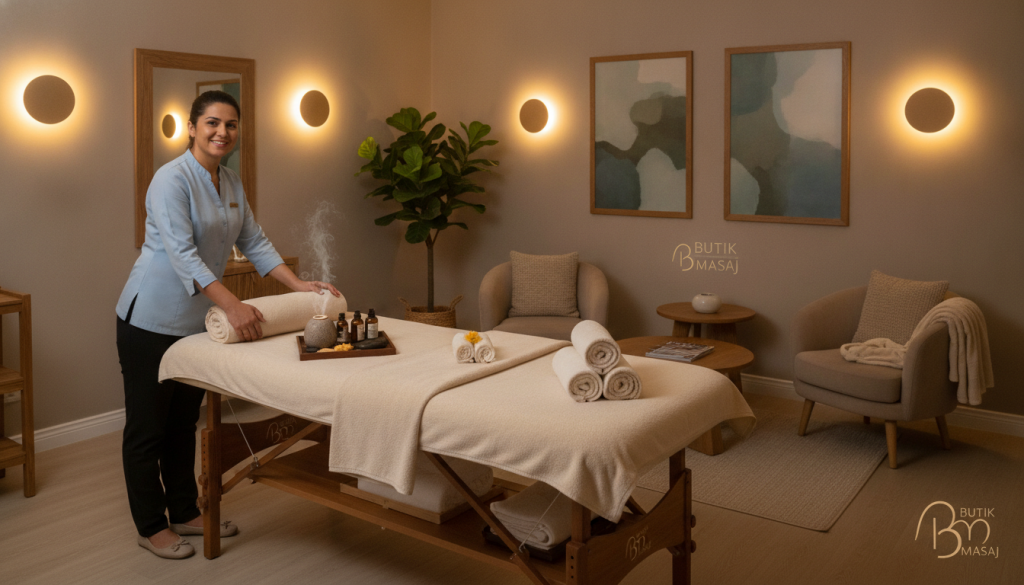 A cozy and inviting massage salon interior in Bayrampaşa, featuring tasteful decor with soft lighting. In the foreground, a luxurious massage table is centrally positioned, adorned with plush linens and calming aromatherapy oils. A professional therapist, dressed in smart casual attire, prepares the space, creating a welcoming atmosphere. The middle ground showcases a serene waiting area with comfortable seating, decorative plants, and soothing décor that enhances relaxation. The background includes elegant wall art and ambient sconces softly illuminating the room. The overall mood is tranquil and serene, perfect for relaxation and rejuvenation. The brand name "Butik Masaj" is subtly integrated into the décor elements without text, emphasizing the inviting quality of the space.