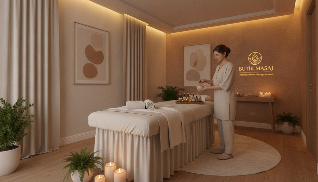 A luxurious Kadıköy spa center interior, featuring a serene massage room with calming, neutral tones and soft textures. In the foreground, a neatly arranged massage table surrounded by aromatic candles and potted plants, exuding tranquility. The middle layer showcases a professional massage therapist dressed in modest attire, preparing essential oils, reflecting skillful hands and a focused demeanor. In the background, softly illuminated walls with a warm glow, and artful decor that conveys relaxation and comfort. The overall atmosphere is peaceful and inviting, suggesting the perfect retreat for rejuvenation. This scene embodies the essence of "Butik Masaj," highlighting popular massage services in Kadıköy. The lighting is soft and flattering, creating a calming ambiance, captured from a wide-angle perspective to showcase the entire room.