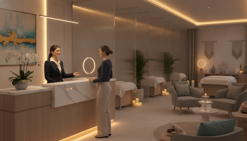 A luxurious, serene massage salon scene capturing the essence of "Butik Masaj" in Taksim. In the foreground, a welcoming reception desk with elegant décor, featuring soft lighting and calming colors. A professional staff member, dressed in smart business attire, greets a guest with a warm smile. In the middle ground, plush massage rooms are visible through frosted glass partitions, adorned with tranquil plants and soothing candles. The background showcases a peaceful ambient lounge area with comfortable seating, ambient lighting, and artful decorations evoking relaxation. The overall atmosphere is calm and inviting, with a focus on wellness and tranquility. Use soft, warm lighting to enhance the serene environment, captured from a slightly elevated angle to provide depth and inviting perspective.