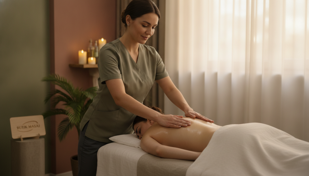 A professional massage therapist in a cozy and serene massage studio, showcasing the essence of relaxation and healing. The therapist, dressed in modest casual clothing, is demonstrating a massage technique on a client who is comfortably lying on a massage table surrounded by soft linens and soothing aromatherapy oils. In the background, calming elements like gentle lighting, soft candles, and soothing colors create a tranquil atmosphere. The focus is on the skilled hands of the therapist, emphasizing professionalism and expertise. The logo of "Butik Masaj" is subtly placed in the room for brand identification. The image is well-lit with a warm glow, shot at a medium angle to capture the intimate setting while maintaining a professional ambiance.