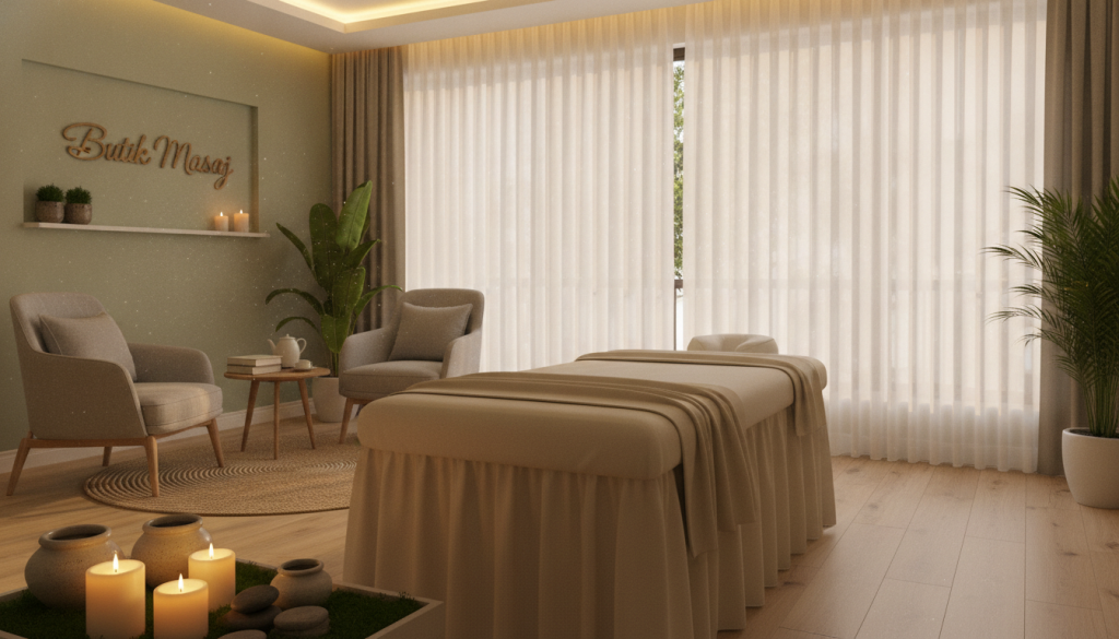 A serene and inviting Bakırköy spa interior, showcasing a well-appointed massage room designed for relaxation. In the foreground, a comfortable massage table draped with soft, neutral-colored linens, surrounded by aromatic candles softly glowing. In the middle ground, plush seating with calming decor, adorned with natural elements like plants, creating a peaceful atmosphere. The background features light, airy windows allowing natural sunlight to filter in, enhancing the tranquil mood. The overall lighting is warm and soothing, reflecting a professional yet cozy environment. The brand name "Butik Masaj" is subtly integrated into the decor. Capture this scene from a slightly elevated angle, emphasizing the spaciousness and inviting ambiance of the space.