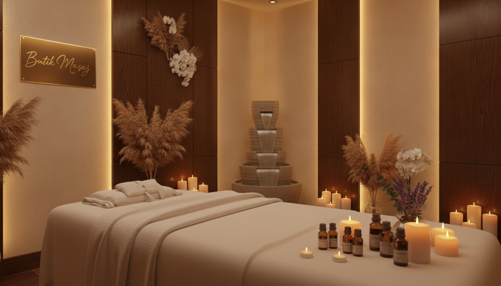 A serene and inviting Sancaktepe spa interior, showcasing a luxurious massage therapy room designed for relaxation. The foreground features a comfortable massage table adorned with soft linens, surrounded by delicate candles and calming essential oils. In the middle, a tranquil water feature gently bubbles, enhancing the serene ambiance. The background reveals elegant wall décor, featuring natural elements and soothing colors, creating a peaceful atmosphere. Soft, warm lighting dims overhead, casting a gentle glow throughout the room. A small sign displays the brand name "Butik Masaj" subtly on one wall. This scene conveys a sense of calm and professionalism, ideal for illustrating the characteristics of massage venues in Sancaktepe. The mood is tranquil and inviting, perfect for relaxation and rejuvenation.