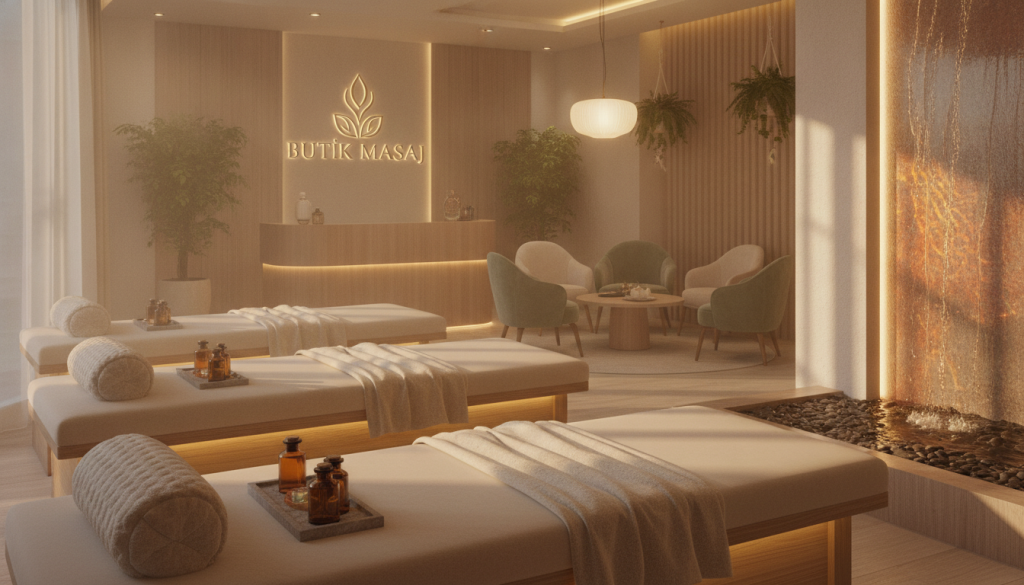 A serene and inviting image of "Butik Masaj," a high-end massage salon in Taksim. In the foreground, display elegant wooden massage tables adorned with soft, luxurious towels and calming aromatherapy oils, each reflecting a warm, soothing light. The middle ground should showcase a tastefully decorated reception area with lush greenery, soft ambient lighting, and an inviting seating arrangement featuring plush chairs. In the background, depict a tranquil water feature, casting gentle reflections, enhancing the atmosphere of relaxation. Use soft, natural lighting to create a peaceful ambiance, simulating the warm glow of late afternoon sun, emphasizing tranquility and comfort. The overall mood is serene and professional, inviting visitors to unwind and feel pampered.