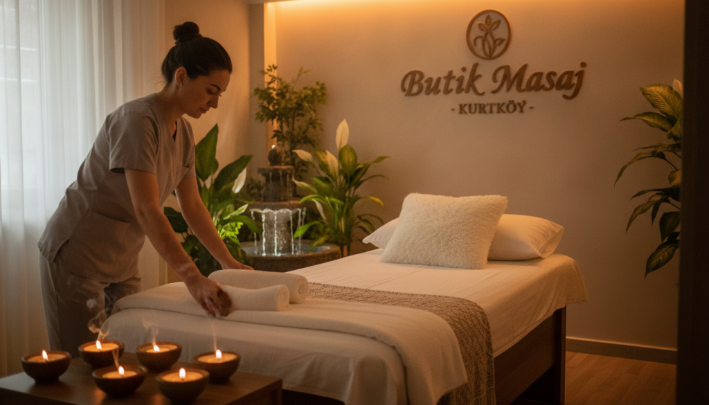 A serene and inviting interior of a massage salon called "Butik Masaj" in Kurtköy. In the foreground, a professional massage therapist in modest casual attire is preparing a tranquil treatment room, adorned with soft linens and aromatic candles. The middle section features a cozy massage bed with plush pillows, surrounded by soft lighting that casts a warm glow, enhancing the peaceful atmosphere. In the background, calming green plants and a softly flowing water fountain create a soothing ambiance. The scene is captured from a slight angle, focusing on the therapist's attentive demeanor, accentuating the relaxing and welcoming nature of the space. The overall mood reflects relaxation, tranquility, and professionalism, ideal for those seeking massage services in Kurtköy.